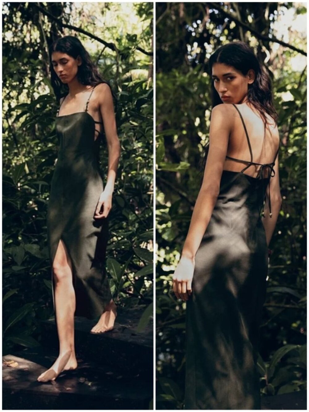 ZARA Linen Midi Dress Bloggers Favorite Open Back Tie Beads Forest Green M NWT